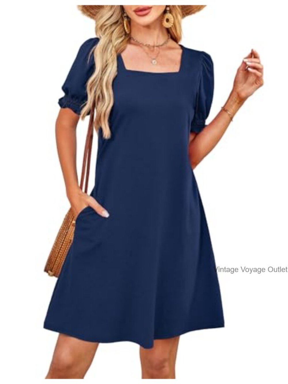 Women's Square Neck Puff Sleeve Dress with Pockets Casual Summer A-Line